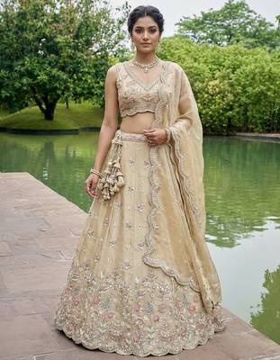 Women's Beige Tissue Mirror sequince Embroidered Lehenga Choli with Dupatta 1