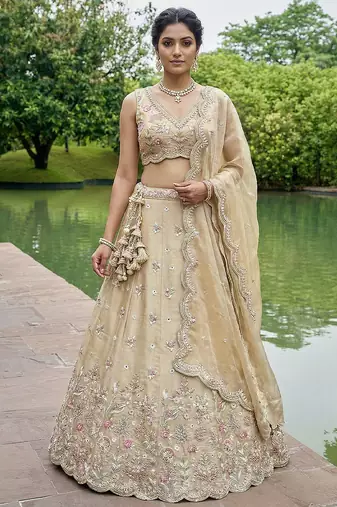 Women's Beige Tissue Mirror sequince Embroidered Lehenga Choli with Dupatta