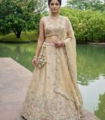 Women's Beige Tissue Mirror sequince Embroidered Lehenga Choli with Dupatta