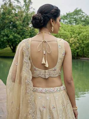 Women's Beige Tissue Mirror sequince Embroidered Lehenga Choli with Dupatta 3