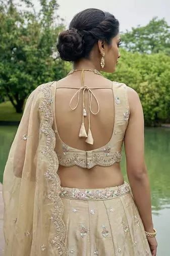Women's Beige Tissue Mirror sequince Embroidered Lehenga Choli with Dupatta