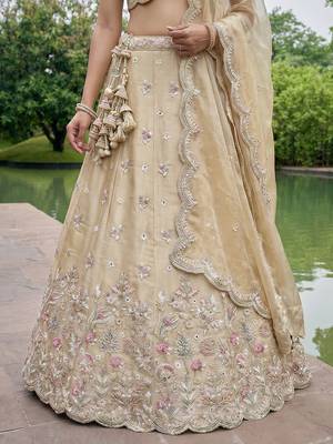 Women's Beige Tissue Mirror sequince Embroidered Lehenga Choli with Dupatta 4