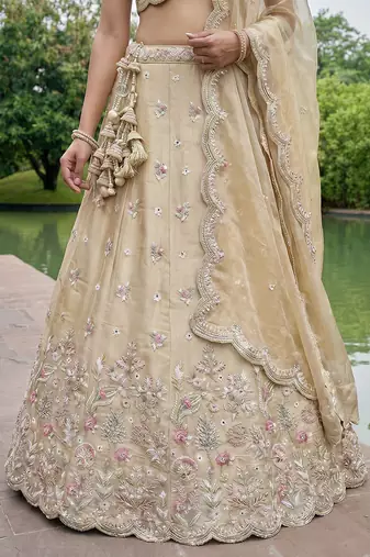 Women's Beige Tissue Mirror sequince Embroidered Lehenga Choli with Dupatta