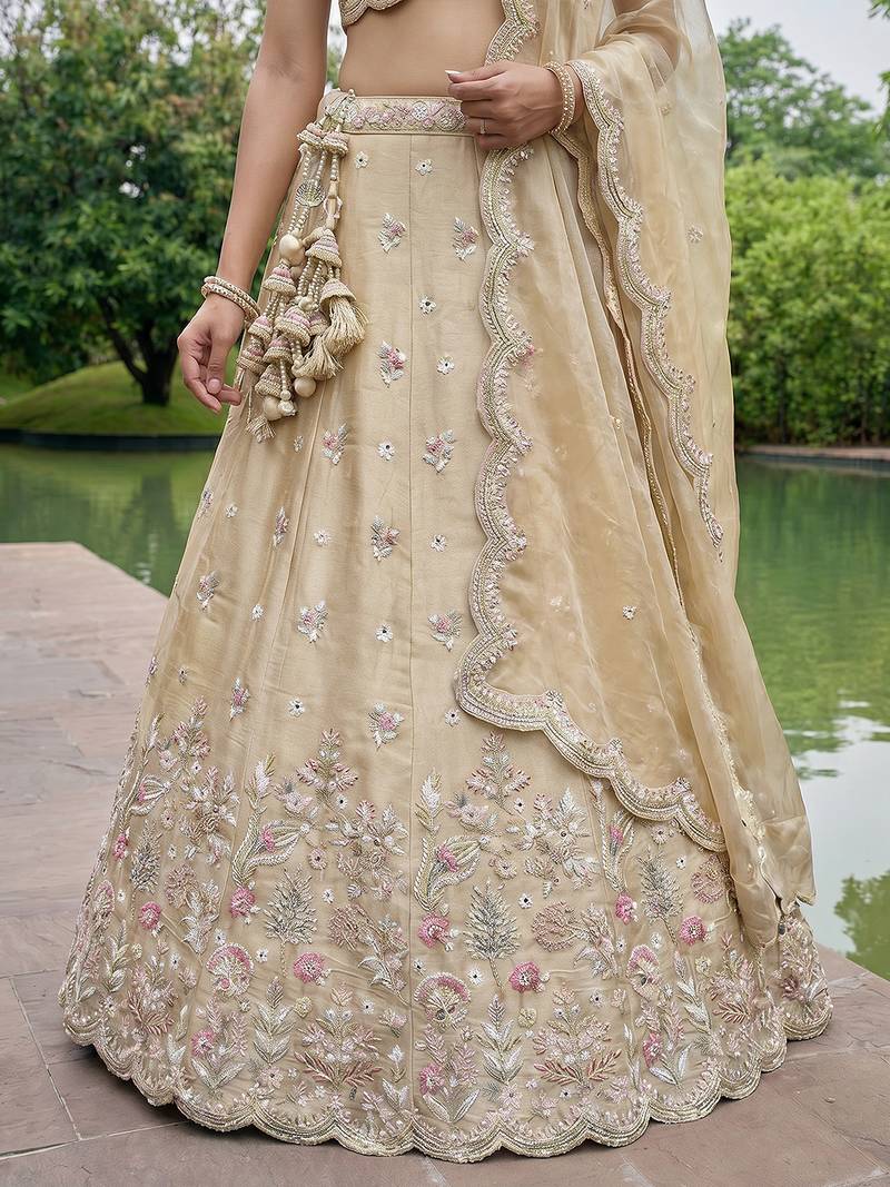 Women's Beige Tissue Mirror sequince Embroidered Lehenga Choli with Dupatta
