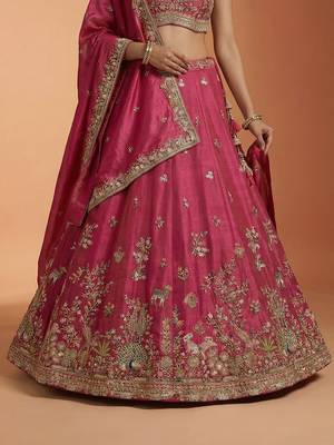 Pink Tissue Sequience Thread Embroidered Semi-Stitched Lehenga 2