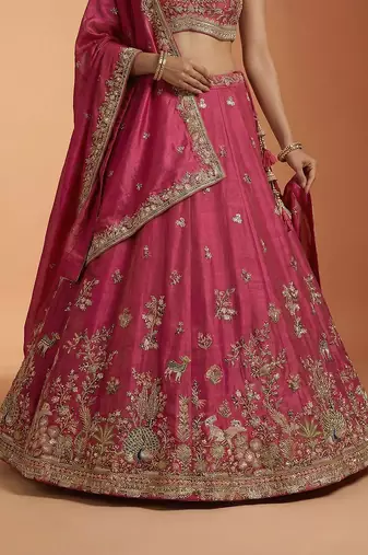 Pink Tissue Sequience Thread Embroidered Semi-Stitched Lehenga
