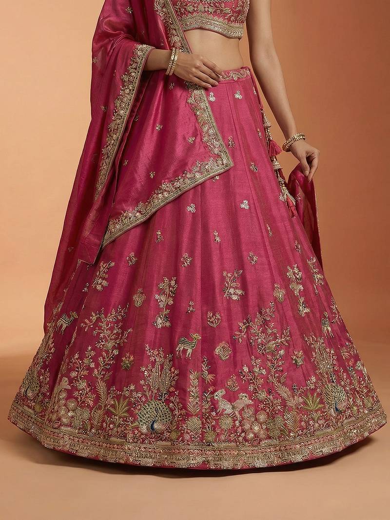 Pink Tissue Sequience Thread Embroidered Semi-Stitched Lehenga