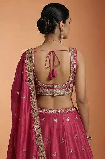 Pink Tissue Sequience Thread Embroidered Semi-Stitched Lehenga