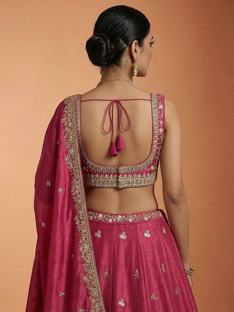 Pink Tissue Sequience Thread Embroidered Semi-Stitched Lehenga