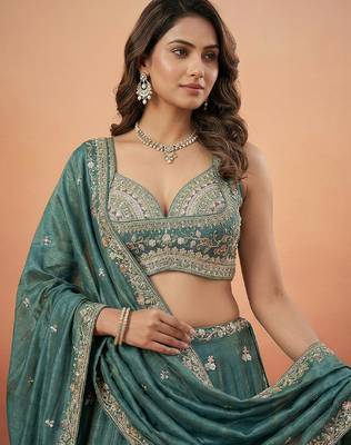 Green Tissue Sequience Thread Embroidered Semi-Stitched Lehenga 2