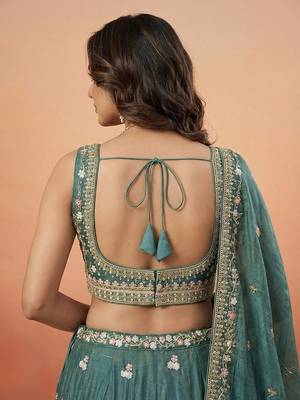 Green Tissue Sequience Thread Embroidered Semi-Stitched Lehenga 3