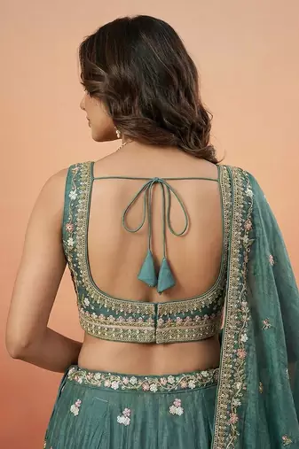 Green Tissue Sequience Thread Embroidered Semi-Stitched Lehenga