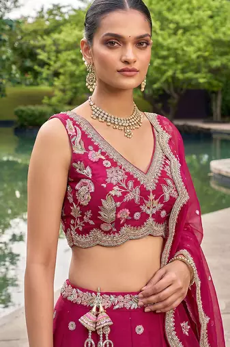 Women's Rose Tissue Mirror sequince Embroidered Lehenga Choli with Dupatta