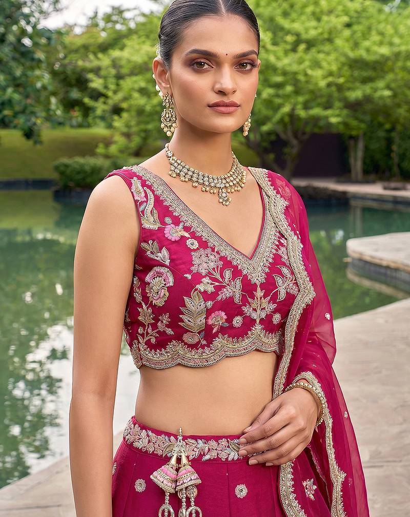 Women's Rose Tissue Mirror sequince Embroidered Lehenga Choli with Dupatta