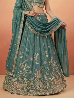 Green Tissue Sequience Thread Embroidered Semi-Stitched Lehenga 4
