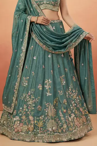 Green Tissue Sequience Thread Embroidered Semi-Stitched Lehenga