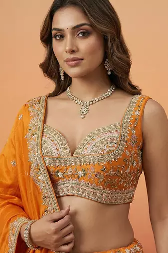 Orange Tissue with Colourful Peacock Embroidery Semi-Stitched Lehenga Set