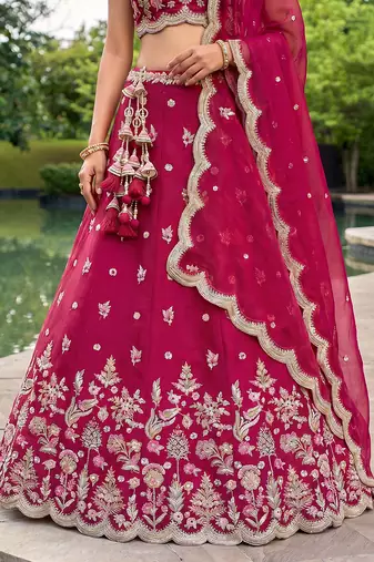 Women's Rose Tissue Mirror sequince Embroidered Lehenga Choli with Dupatta