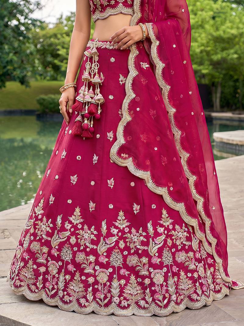 Women's Rose Tissue Mirror sequince Embroidered Lehenga Choli with Dupatta