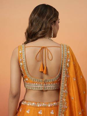 Orange Tissue with Colourful Peacock Embroidery Semi-Stitched Lehenga Set 3