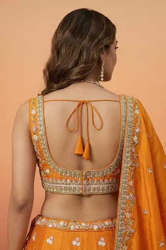 Orange Tissue with Colourful Peacock Embroidery Semi-Stitched Lehenga Set