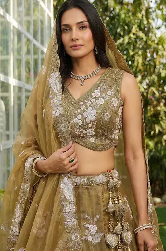 Women's Gold Tissue beads sequince Embroidered Lehenga Choli with Dupatta