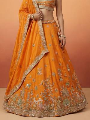 Orange Tissue with Colourful Peacock Embroidery Semi-Stitched Lehenga Set 4