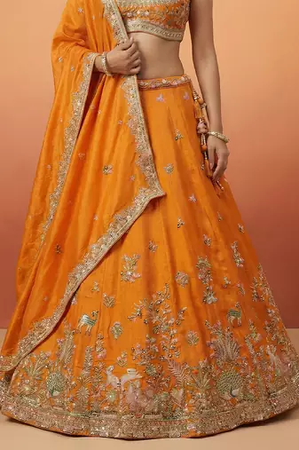 Orange Tissue with Colourful Peacock Embroidery Semi-Stitched Lehenga Set