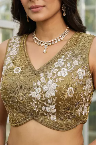 Women's Gold Tissue beads sequince Embroidered Lehenga Choli with Dupatta