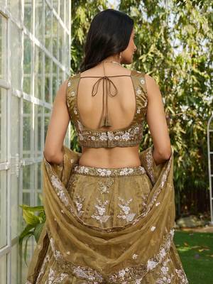 Women's Gold Tissue beads sequince Embroidered Lehenga Choli with Dupatta 4