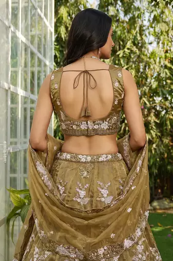 Women's Gold Tissue beads sequince Embroidered Lehenga Choli with Dupatta
