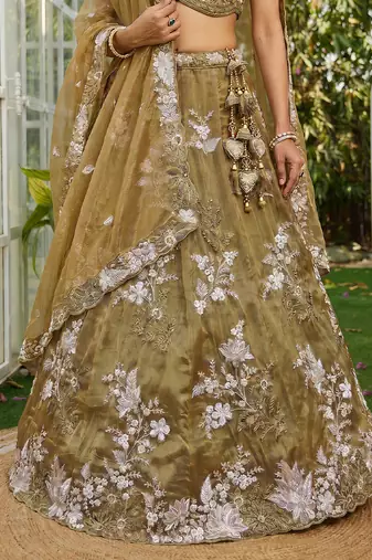 Women's Gold Tissue beads sequince Embroidered Lehenga Choli with Dupatta