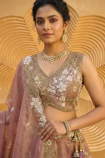 Women's Rosegold Tissue beads sequince Embroidered Lehenga Choli with Dupatta