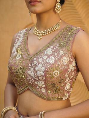 Women's Rosegold Tissue beads sequince Embroidered Lehenga Choli with Dupatta 3