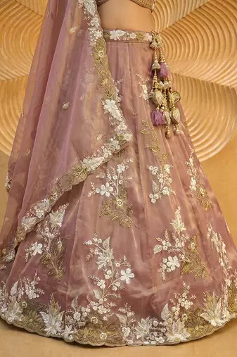 Women's Rosegold Tissue beads sequince Embroidered Lehenga Choli with Dupatta