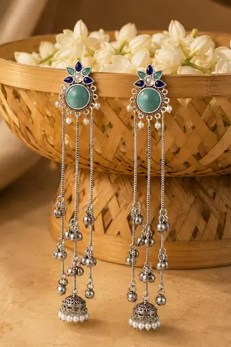 Oxidised Silver Long Tassel Jhumka Earrings with Aqua Stone & Pearl for Women Ethnic Party Wear