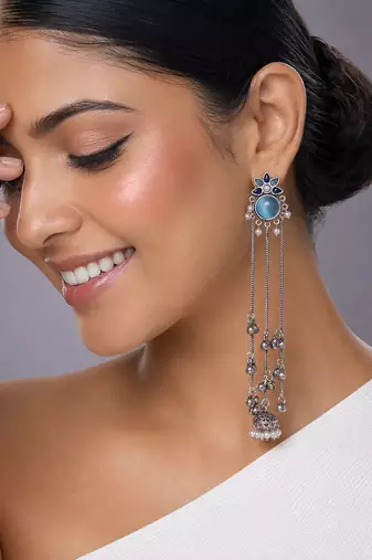 Oxidised Silver Long Tassel Jhumka Earrings with Aqua Stone & Pearl for Women Ethnic Party Wear