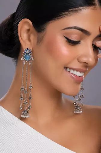 Oxidised Silver Long Tassel Jhumka Earrings with Aqua Stone & Pearl for Women Ethnic Party Wear