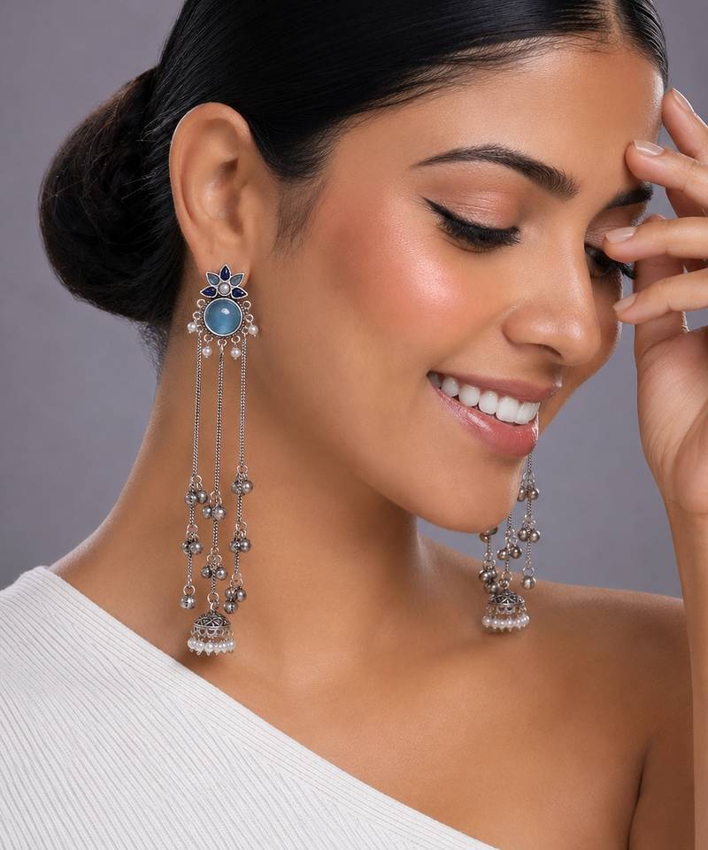 Oxidised Silver Long Tassel Jhumka Earrings with Aqua Stone & Pearl for Women Ethnic Party Wear