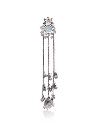Oxidised Silver Long Tassel Jhumka Earrings with Aqua Stone & Pearl for Women Ethnic Party Wear 5