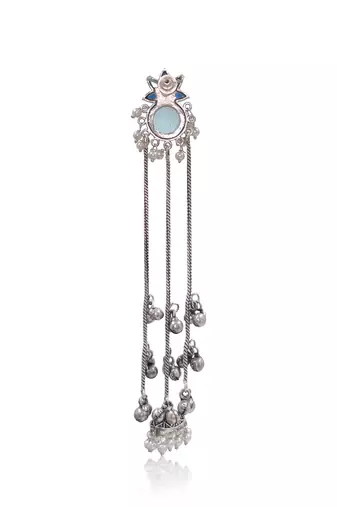Oxidised Silver Long Tassel Jhumka Earrings with Aqua Stone & Pearl for Women Ethnic Party Wear