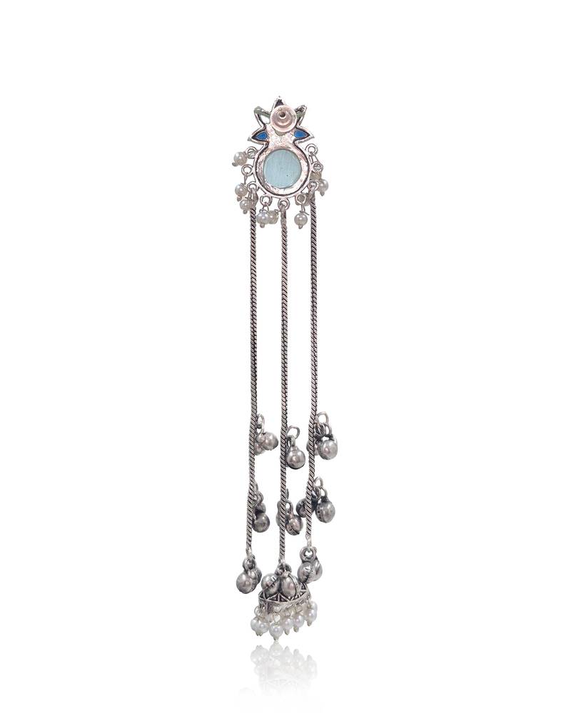 Oxidised Silver Long Tassel Jhumka Earrings with Aqua Stone & Pearl for Women Ethnic Party Wear