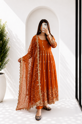 Orange Full Flared Heavy Sequence Work Anarkali Gown with Pant and Dupatta 1