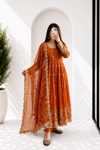 Orange Full Flared Heavy Sequence Work Anarkali Gown with Pant and Dupatta