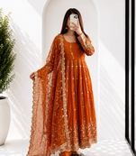 Orange Full Flared Heavy Sequence Work Anarkali Gown with Pant and Dupatta