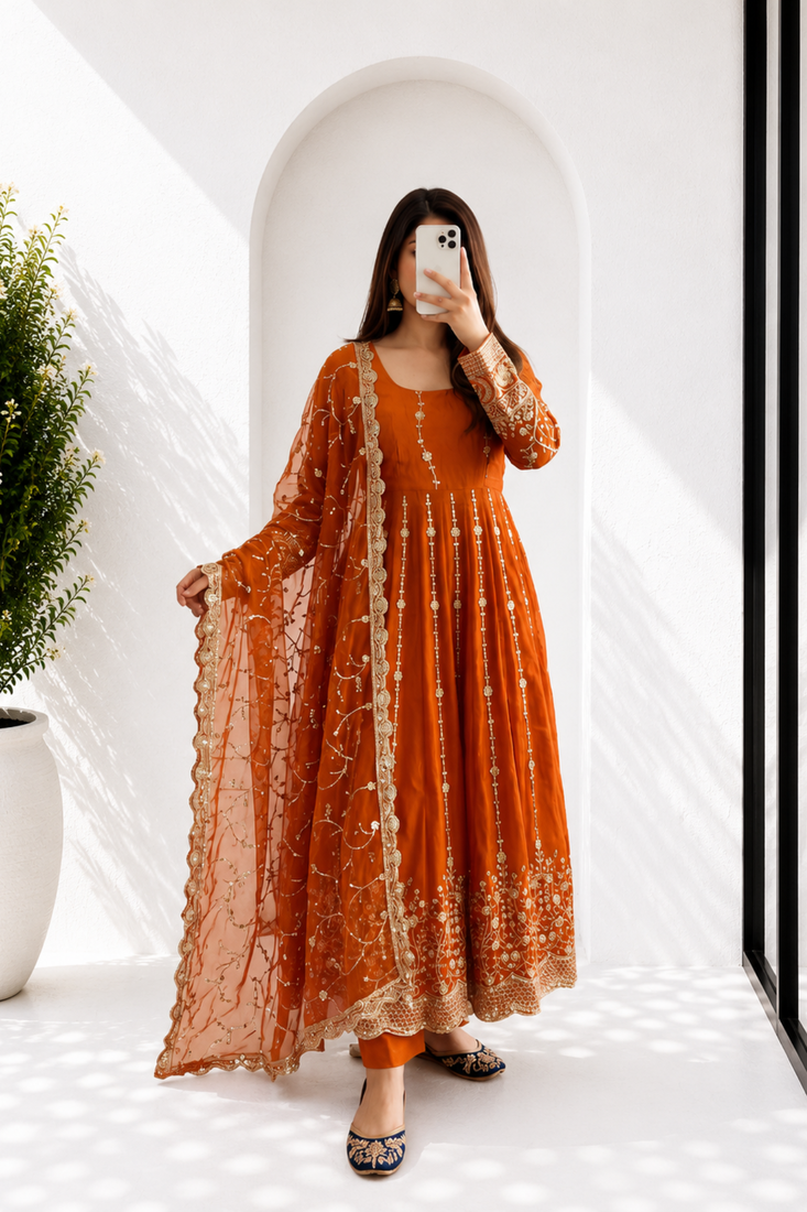 Orange Full Flared Heavy Sequence Work Anarkali Gown with Pant and Dupatta