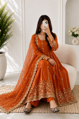 Orange Full Flared Heavy Sequence Work Anarkali Gown with Pant and Dupatta 2