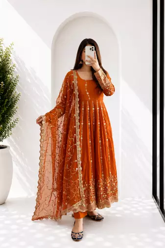 Orange Full Flared Heavy Sequence Work Anarkali Gown with Pant and Dupatta