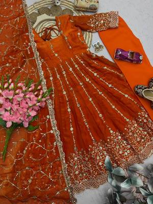 Orange Full Flared Heavy Sequence Work Anarkali Gown with Pant and Dupatta 4