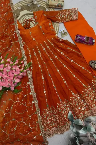 Orange Full Flared Heavy Sequence Work Anarkali Gown with Pant and Dupatta